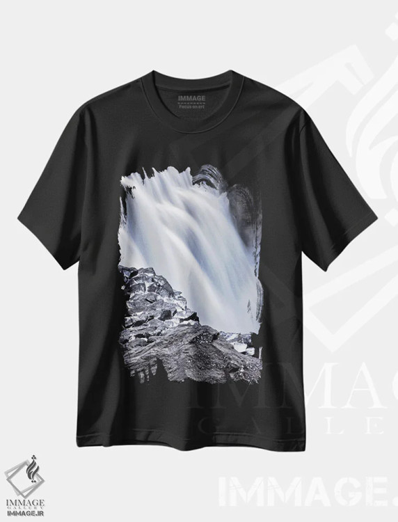 تیشرت مشکی طرح دار Iceland,نمای نزدیک از جزئیات آبشار دیتیفوس، ایسلند، مدیوم اثر جین ریکس | فروشگاه ایماژ
