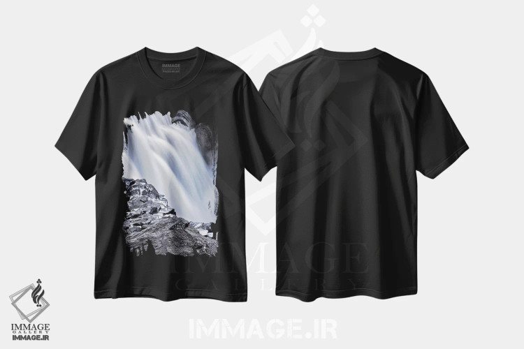 تیشرت مشکی طرح دار Iceland,نمای نزدیک از جزئیات آبشار دیتیفوس، ایسلند، مدیوم اثر جین ریکس | فروشگاه ایماژ