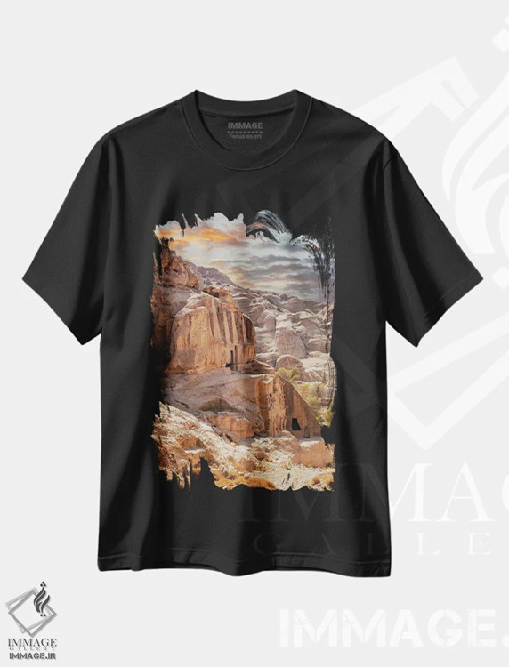 تیشرت مشکی طرح دار Jordan,غروب آفتاب در شهر گمشده پترا، اردن، مدیوم اثر جین ریکس | immage.ir