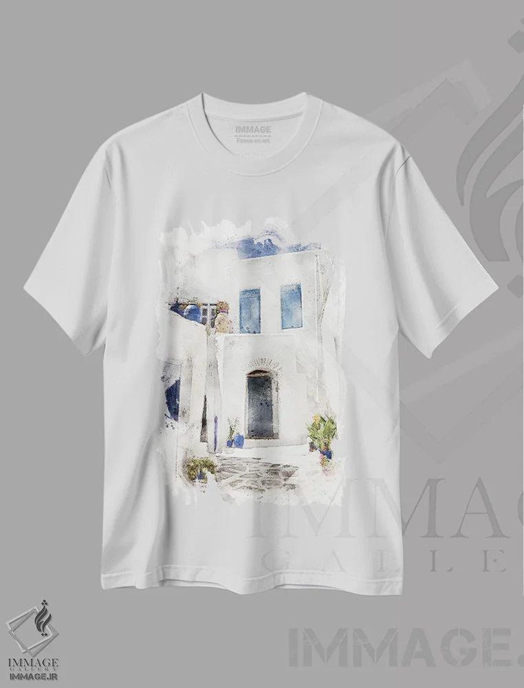 تیشرت سفید طرح دار آبرنگ روستای سنتی یونانی، مدیوم اثر جین ریکس | فروشگاه ایماژ