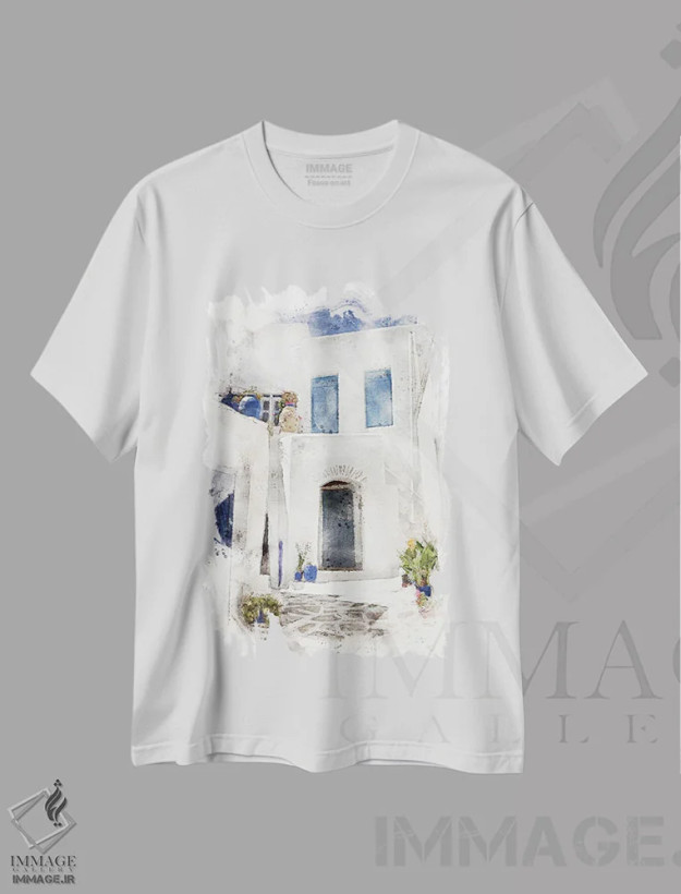 تیشرت سفید طرح دار آبرنگ روستای سنتی یونانی، مدیوم اثر جین ریکس | فروشگاه ایماژ