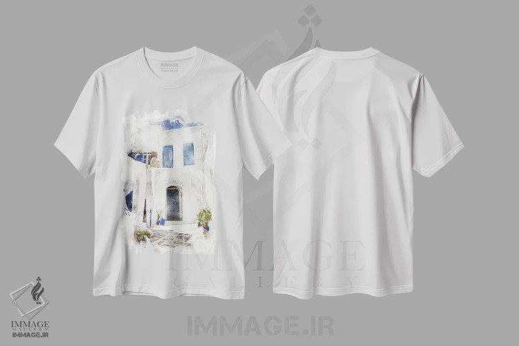تیشرت سفید طرح دار آبرنگ روستای سنتی یونانی، مدیوم اثر جین ریکس | فروشگاه ایماژ