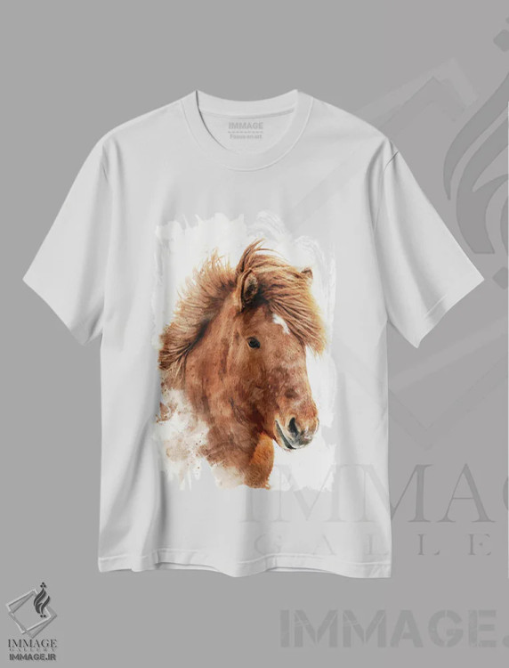 تیشرت سفید طرح دار آبرنگ اسب بلوطی ایسلندی، مدیوم اثر جین ریکس | فروشگاه ایماژ
