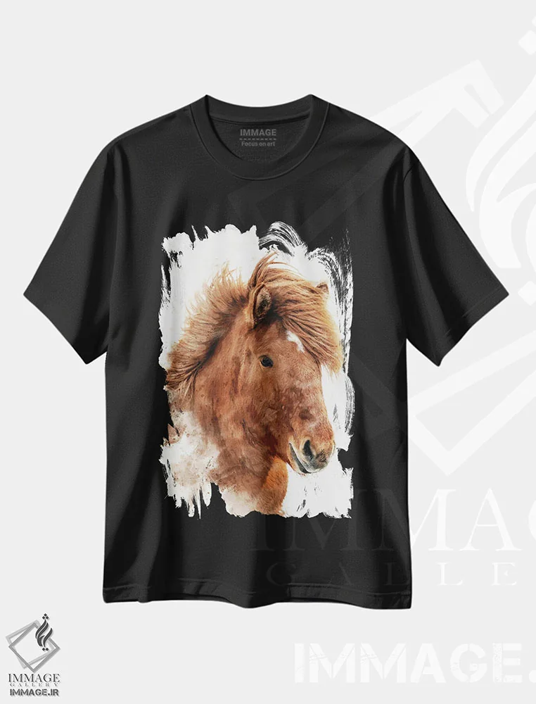 تیشرت مشکی طرح دار آبرنگ اسب بلوطی ایسلندی، مدیوم اثر جین ریکس | immage.ir