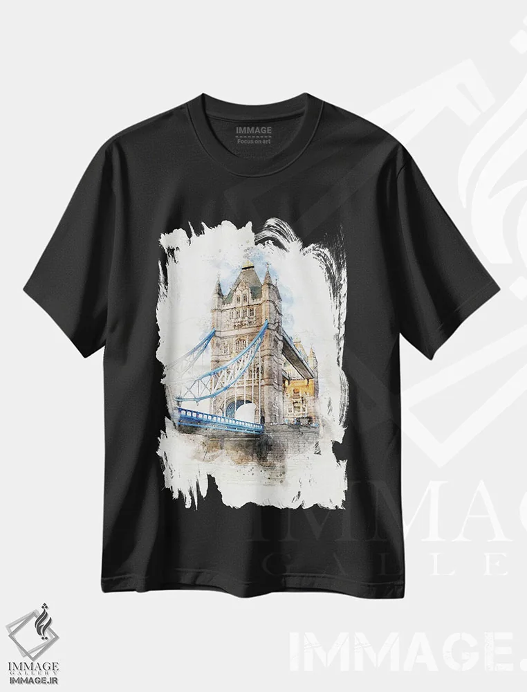 تیشرت مشکی طرح دار London, Watercolour,آبرنگ پل تاور بریج لندن، مدیوم اثر جین ریکس | فروشگاه ایماژ