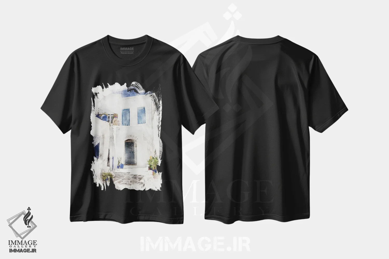 تیشرت مشکی طرح دار آبرنگ روستای سنتی یونانی، مدیوم اثر جین ریکس | immage.ir