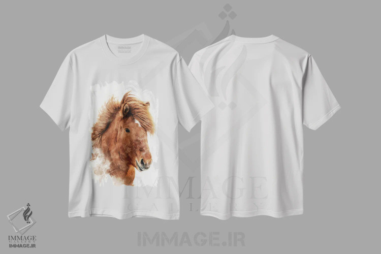 تیشرت سفید طرح دار آبرنگ اسب بلوطی ایسلندی، مدیوم اثر جین ریکس | فروشگاه ایماژ