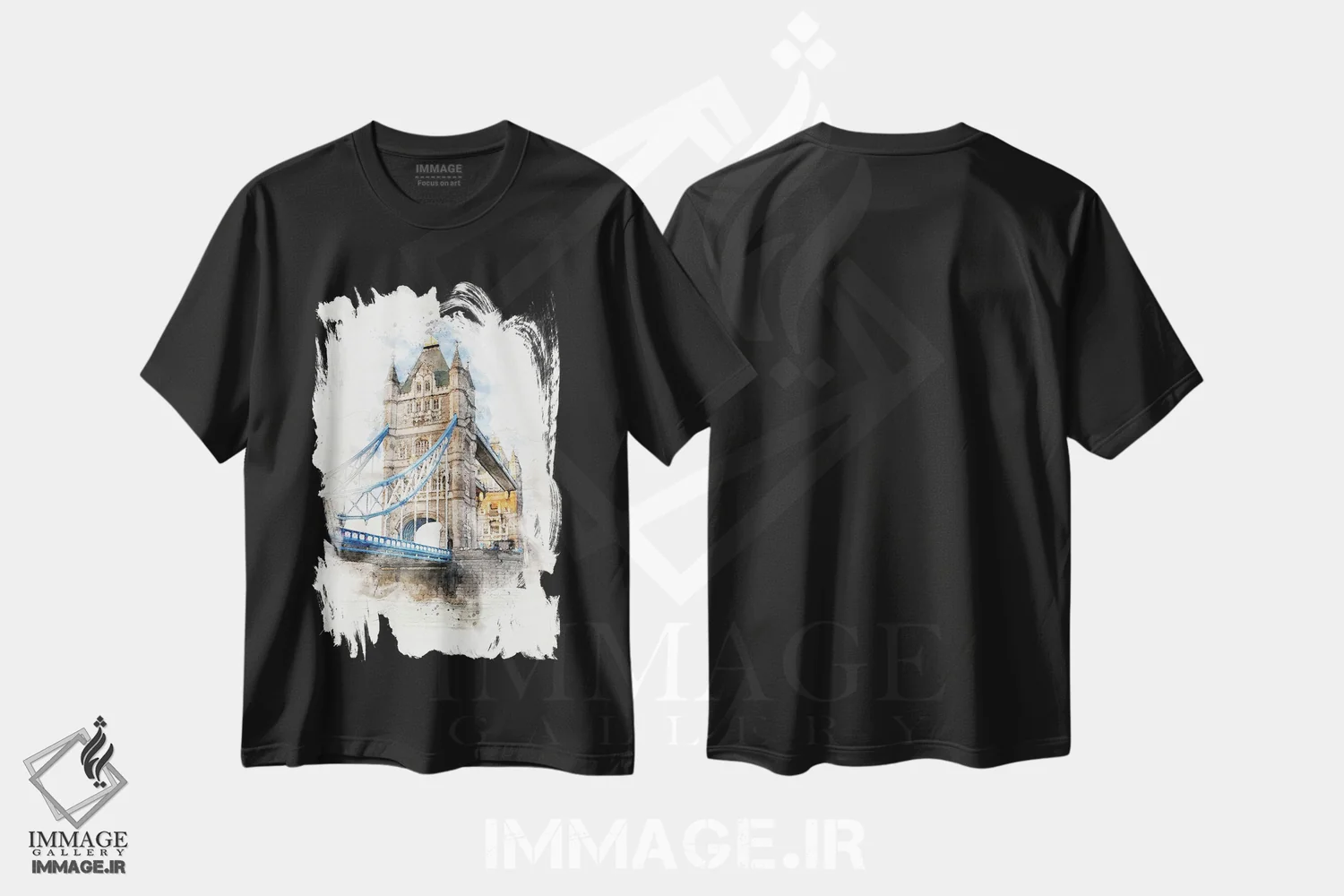 تیشرت مشکی طرح دار London, Watercolour,آبرنگ پل تاور بریج لندن، مدیوم اثر جین ریکس | فروشگاه ایماژ