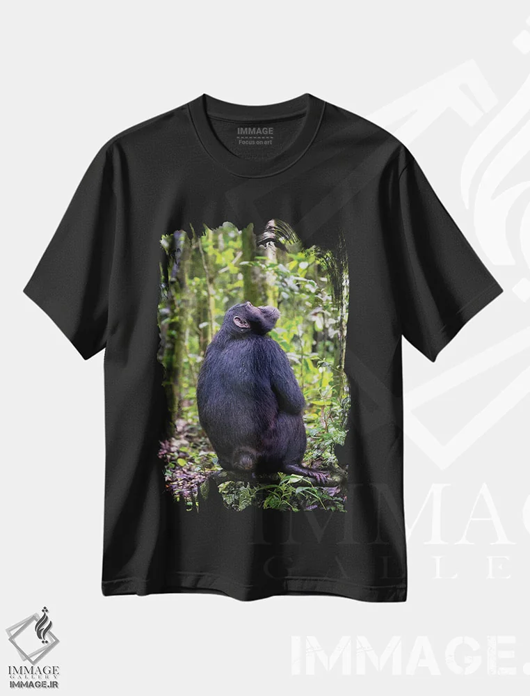 تیشرت مشکی طرح دار Uganda,شامپانزه در جنگل کیباله، اوگاندا، مدیوم اثر جین ریکس | فروشگاه ایماژ