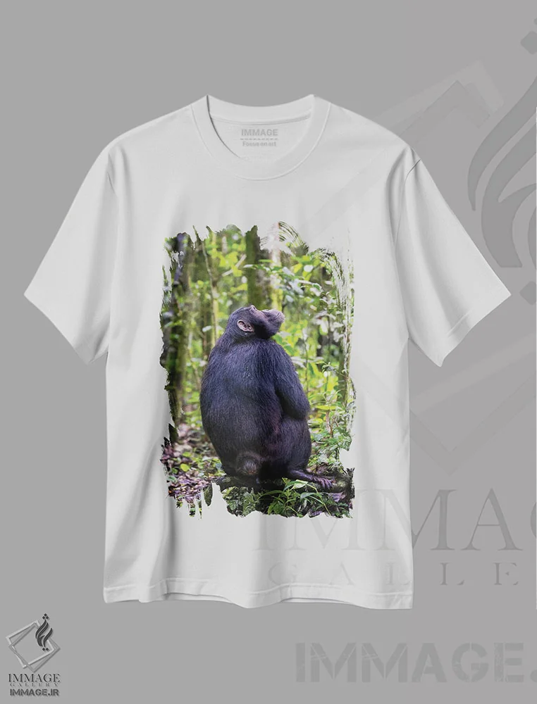 تیشرت سفید طرح دار Uganda,شامپانزه در جنگل کیباله، اوگاندا، مدیوم اثر جین ریکس | immage.ir