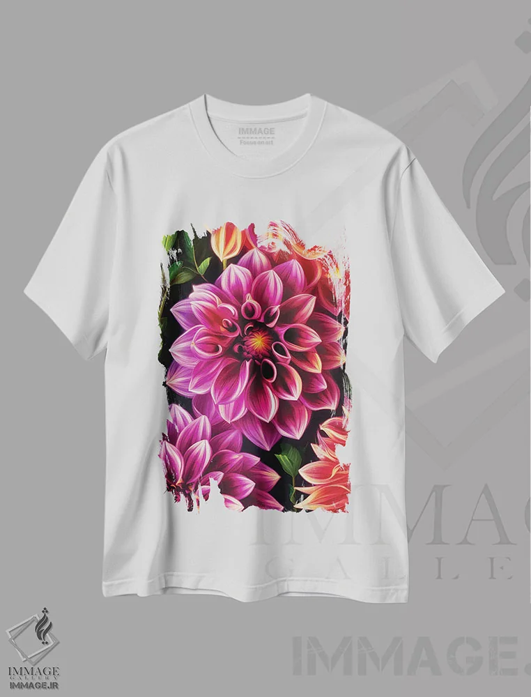 تیشرت سفید طرح دار کوکب ها به رنگ صورتی و نارنجی، عکاسی ماکرو اثر جین ریکس | فروشگاه ایماژ
