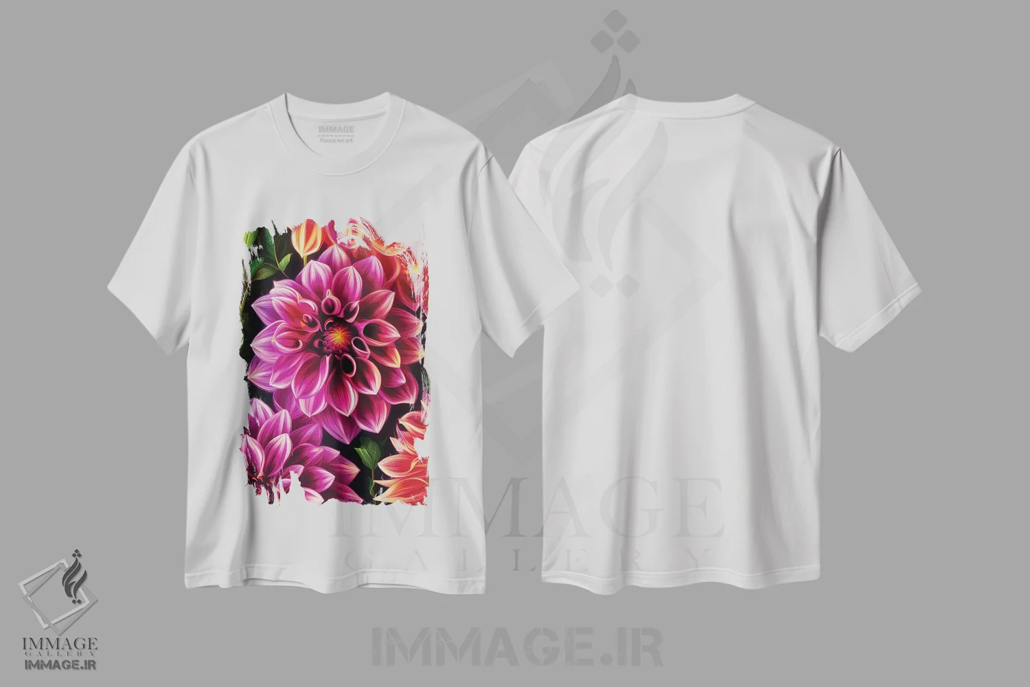 تیشرت سفید طرح دار کوکب ها به رنگ صورتی و نارنجی، عکاسی ماکرو اثر جین ریکس | فروشگاه ایماژ