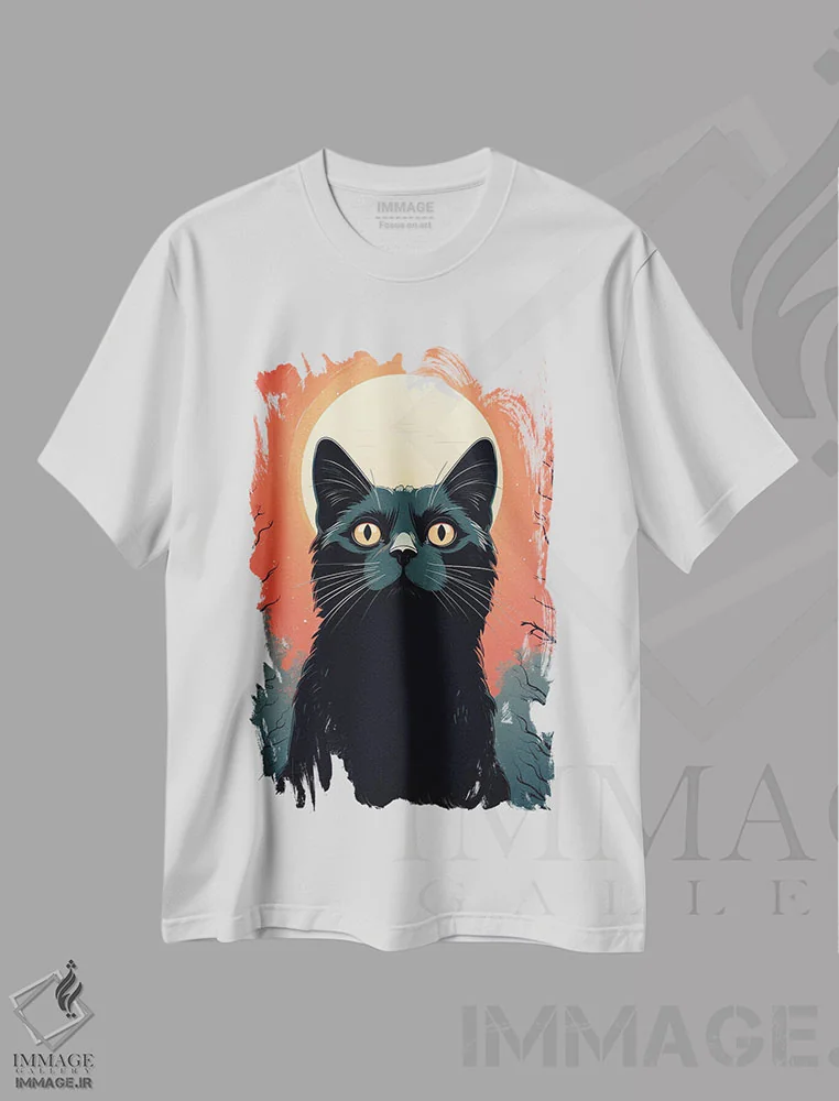 تیشرت سفید طرح دار پوستر رترو گربه سیاه، هنر دیجیتال اثر جین ریکس | فروشگاه ایماژ