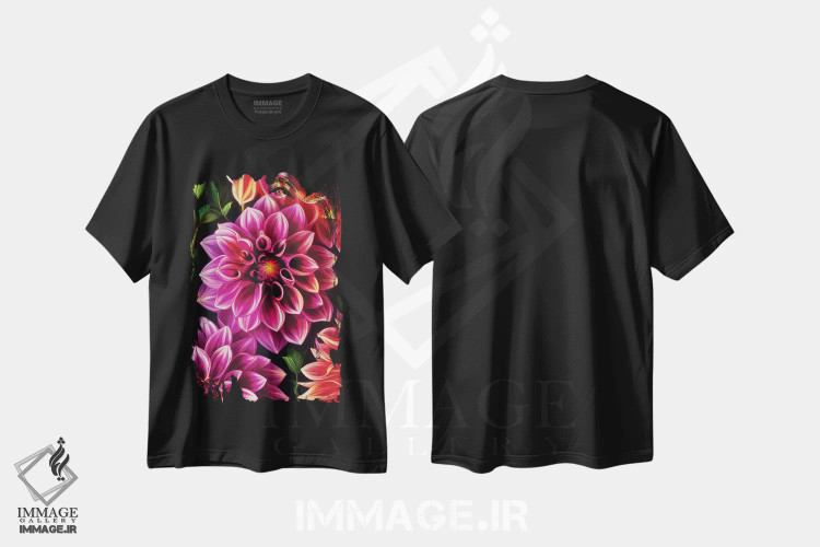 تیشرت مشکی طرح دار کوکب ها به رنگ صورتی و نارنجی، عکاسی ماکرو اثر جین ریکس | immage.ir