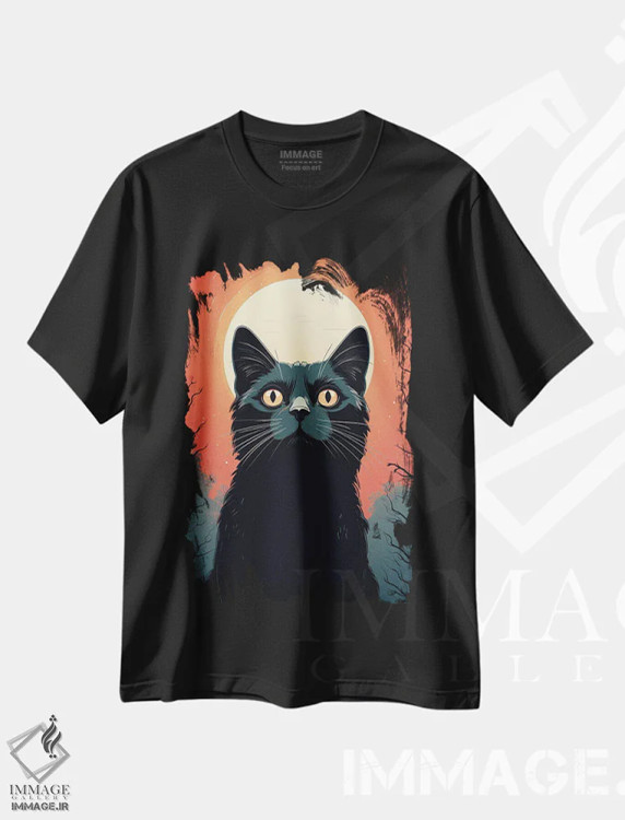 تیشرت مشکی طرح دار پوستر رترو گربه سیاه، هنر دیجیتال اثر جین ریکس | immage.ir