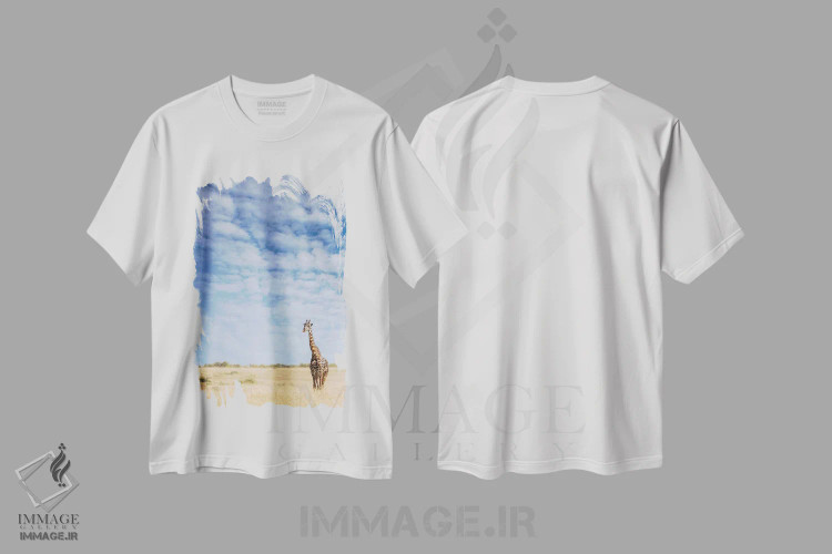 تیشرت سفید طرح دار Kenya,زرافه ایستاده در علفزارهای بلند ماسایی مارا، کنیا، مدیوم اثر جین ریکس | immage.ir