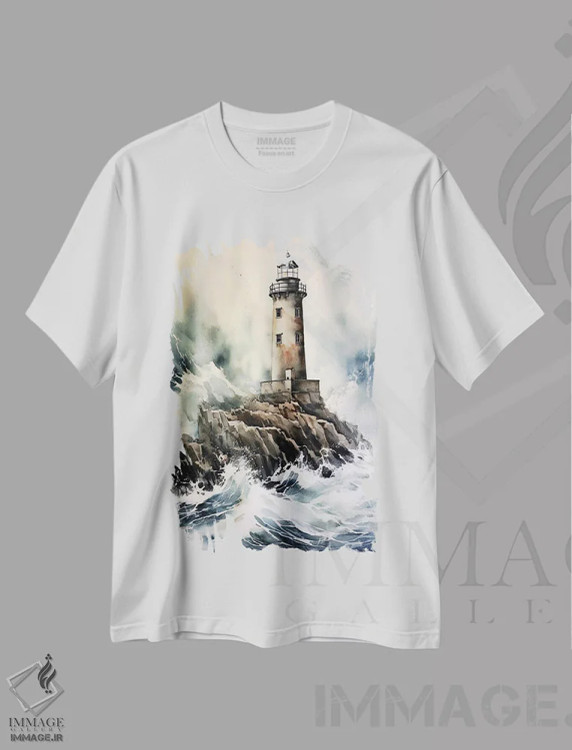 تیشرت سفید طرح دار فانوس دریایی در دریای طوفانی، مدیوم اثر جین ریکس | فروشگاه ایماژ