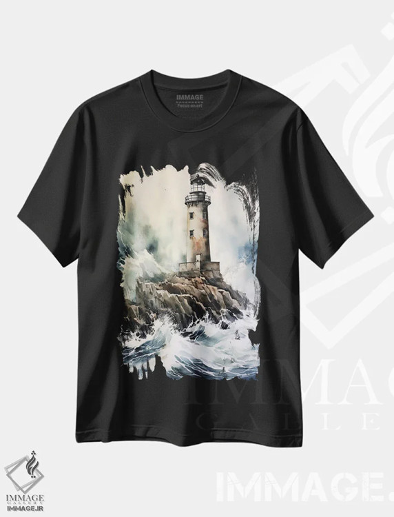 تیشرت مشکی طرح دار فانوس دریایی در دریای طوفانی، مدیوم اثر جین ریکس | immage.ir