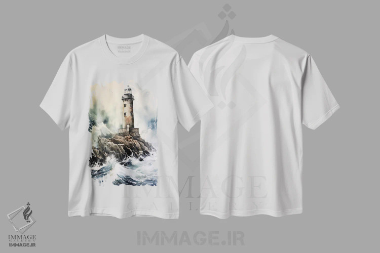 تیشرت سفید طرح دار فانوس دریایی در دریای طوفانی، مدیوم اثر جین ریکس | فروشگاه ایماژ