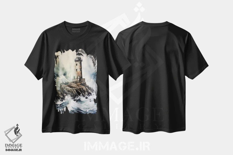 تیشرت مشکی طرح دار فانوس دریایی در دریای طوفانی، مدیوم اثر جین ریکس | immage.ir