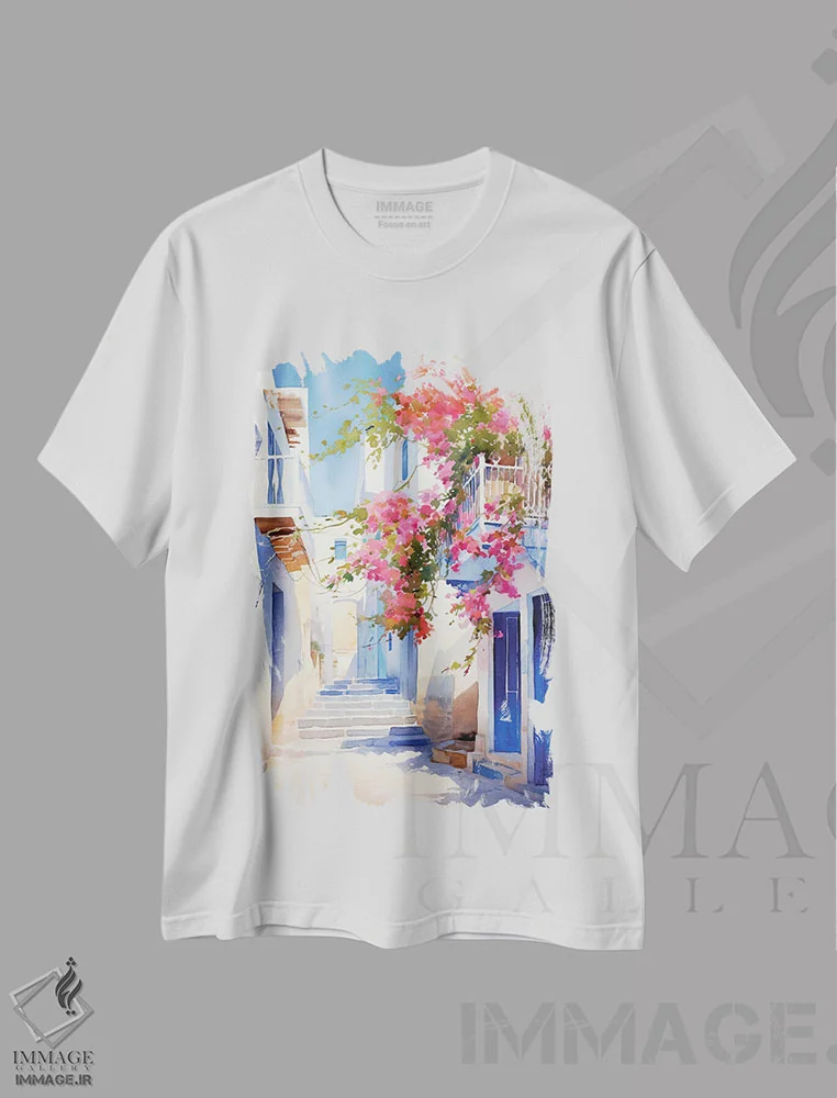 تیشرت سفید طرح دار کوچه ای در جزیره یونان، مدیوم اثر جین ریکس | فروشگاه ایماژ