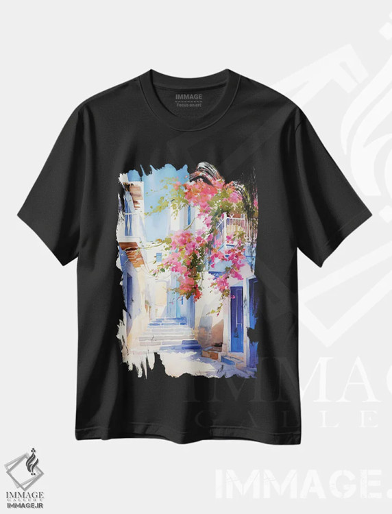 تیشرت مشکی طرح دار کوچه ای در جزیره یونان، مدیوم اثر جین ریکس | immage.ir
