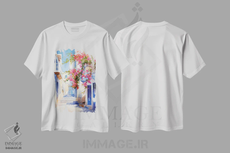 تیشرت سفید طرح دار کوچه ای در جزیره یونان، مدیوم اثر جین ریکس | فروشگاه ایماژ