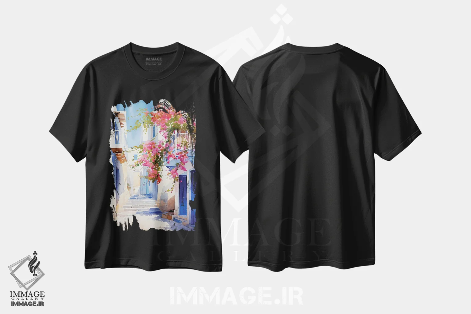 تیشرت مشکی طرح دار کوچه ای در جزیره یونان، مدیوم اثر جین ریکس | immage.ir