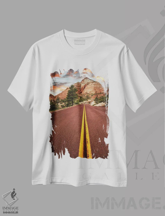 تیشرت سفید طرح دار Usa,جاده ای در زایان هنگام غروب آفتاب، مدیوم اثر جین ریکس | immage.ir