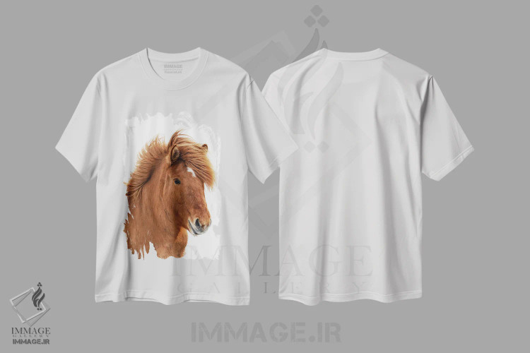 تیشرت سفید طرح دار اسب ایسلندی حنایی روی زمینه سفید، عکاسی ماکرو اثر جین ریکس | فروشگاه ایماژ