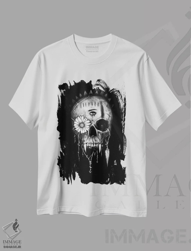 تیشرت سفید طرح دار جمجمهٔ خون آشام، دکوراسیون جایگزین اثر جاستین گِداک | فروشگاه ایماژ
