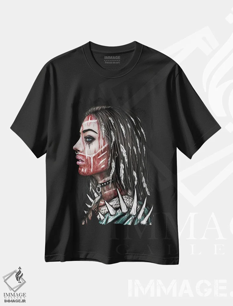 تیشرت مشکی طرح دار زن شکارچی، دکوراسیون جایگزین اثر جاستین گِداک | فروشگاه ایماژ