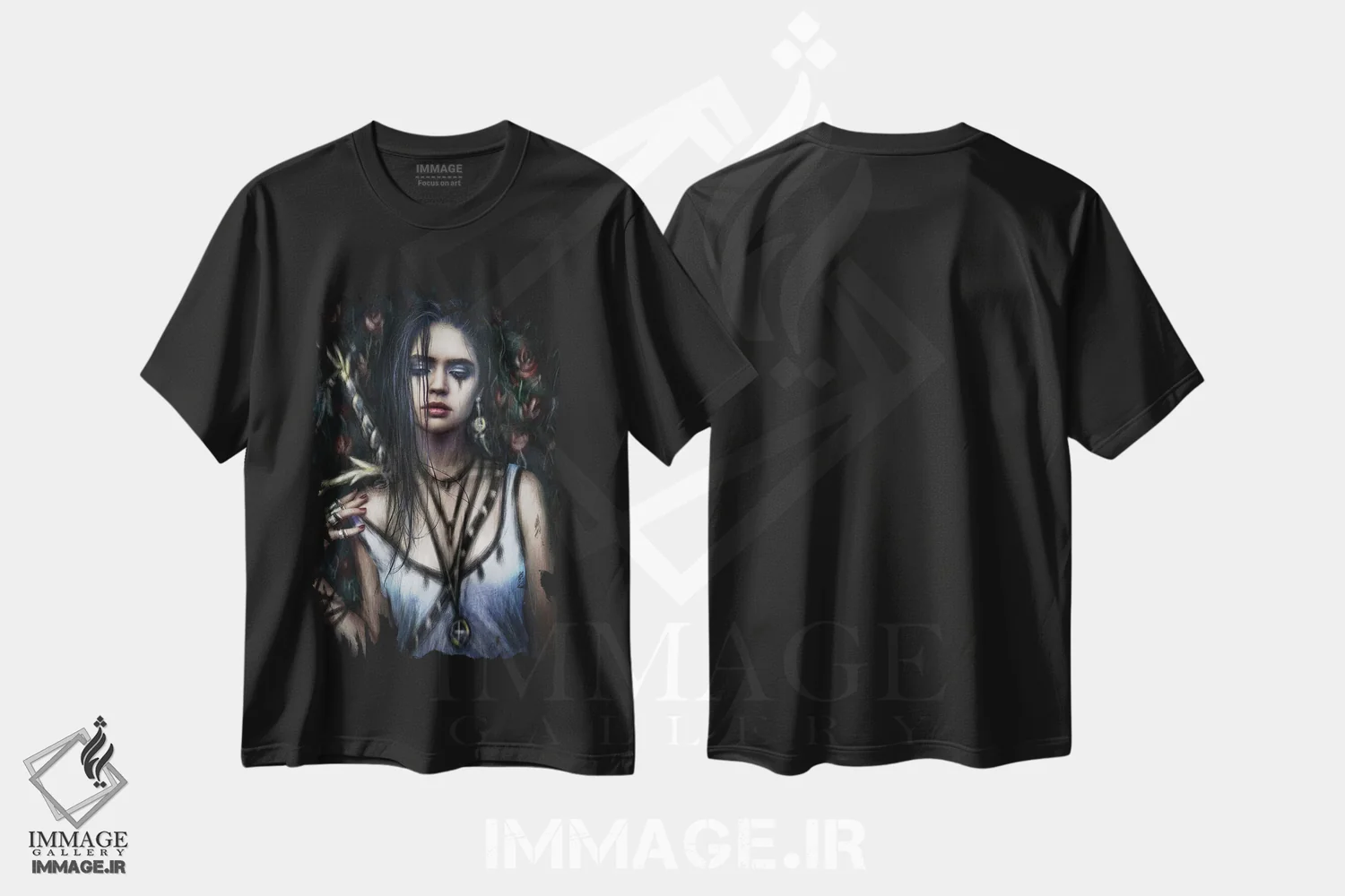 تیشرت مشکی طرح دار در باغ رز، دکوراسیون جایگزین اثر جاستین گِداک | فروشگاه ایماژ