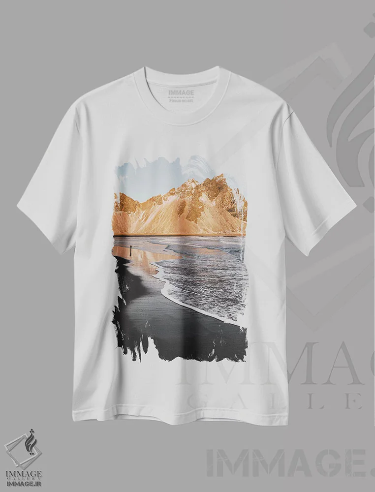 تیشرت سفید طرح دار ساحل طلایی، مدیوم اثر جو شاتر | immage.ir