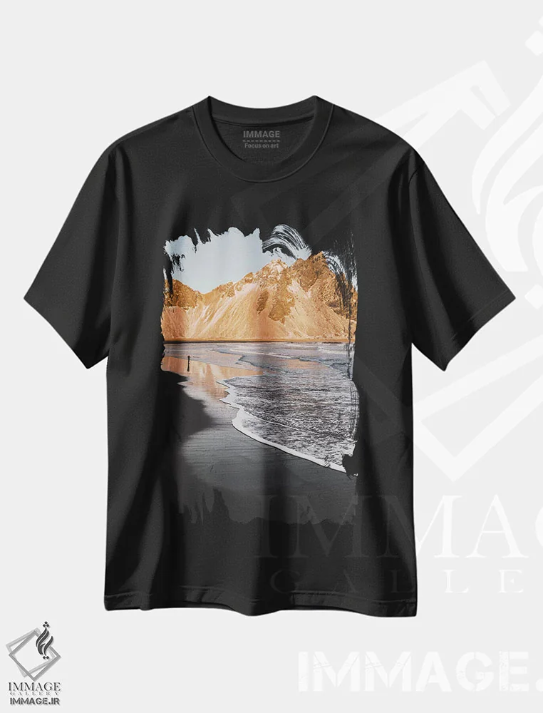 تیشرت مشکی طرح دار ساحل طلایی، مدیوم اثر جو شاتر | فروشگاه ایماژ