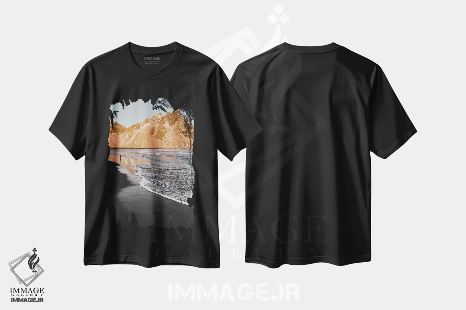 تیشرت مشکی طرح دار ساحل طلایی، مدیوم اثر جو شاتر | فروشگاه ایماژ