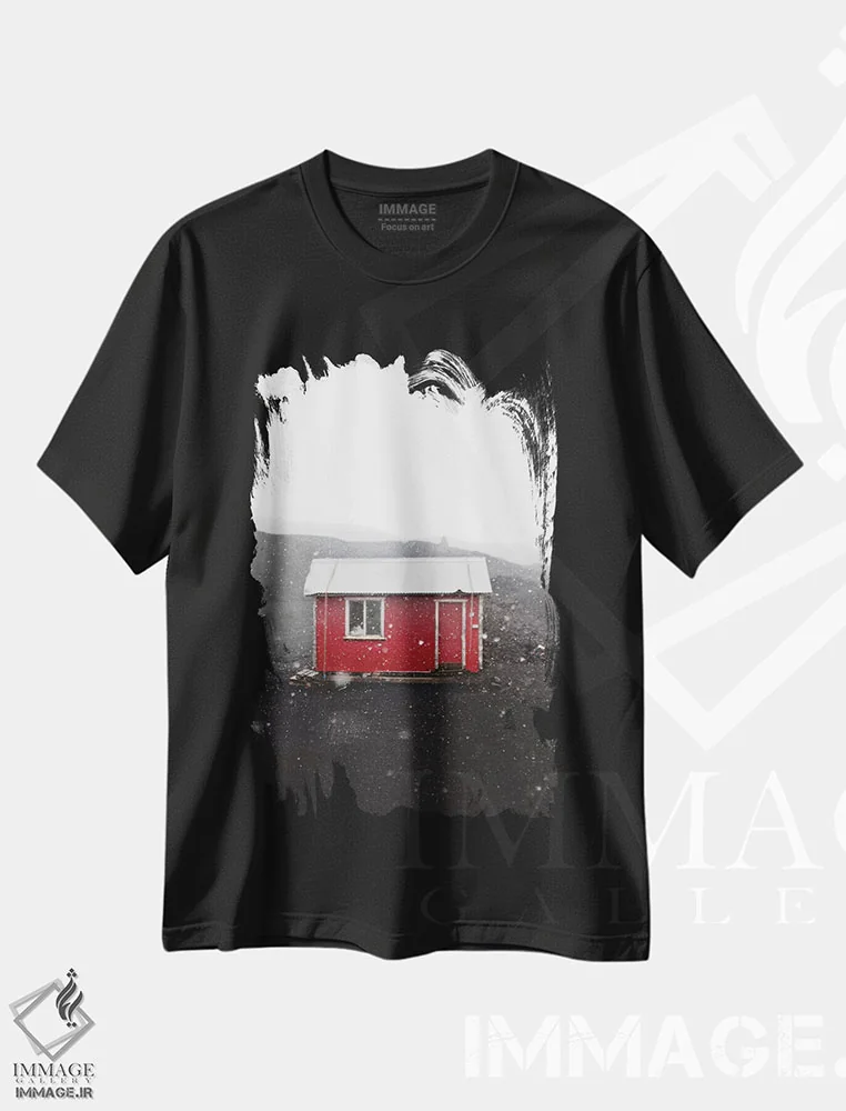 تیشرت مشکی طرح دار خانهٔ قرمز، مدیوم اثر جو شاتر | فروشگاه ایماژ
