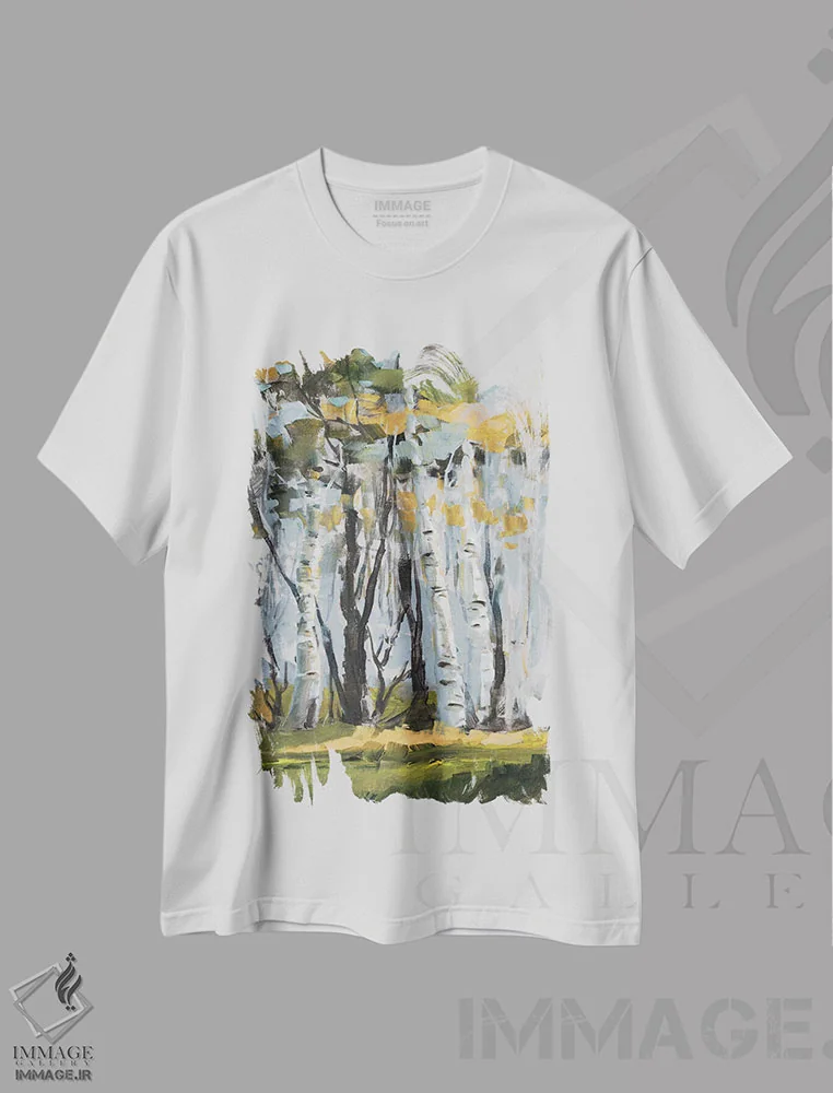 تیشرت سفید طرح دار درختان غان طلایی، تزئینی اثر جین اسلیوکا | فروشگاه ایماژ