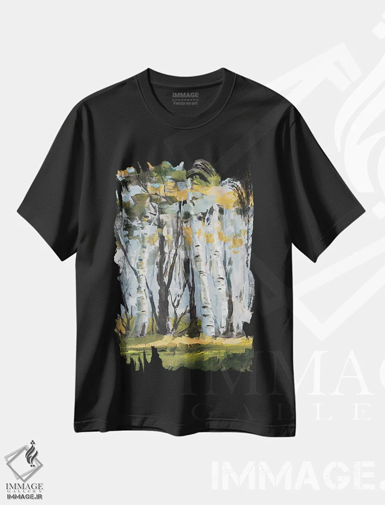 تیشرت مشکی طرح دار درختان غان طلایی، تزئینی اثر جین اسلیوکا | immage.ir