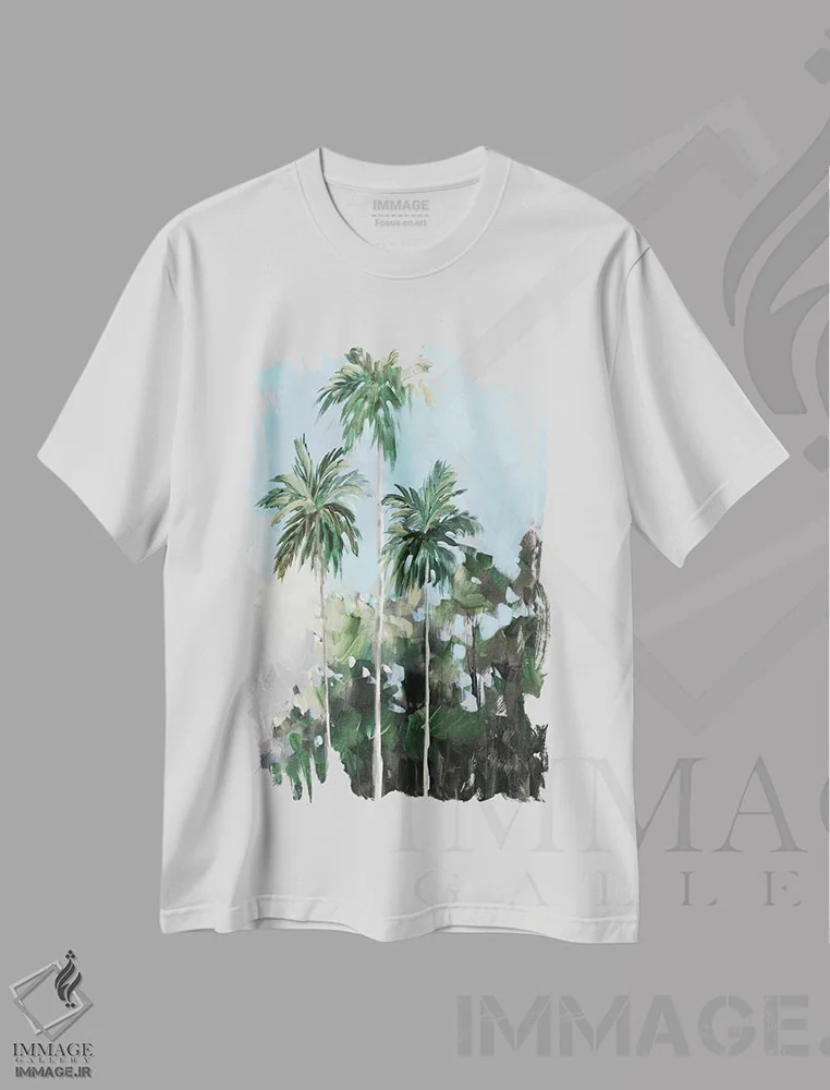 تیشرت سفید طرح دار نخل ها در ساحل، دکور معاصر اثر جین اسلیوکا | فروشگاه ایماژ