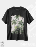 تیشرت مشکی طرح دار نخل ها زیر آسمان صورتی، دکور معاصر اثر جین اسلیوکا | فروشگاه ایماژ