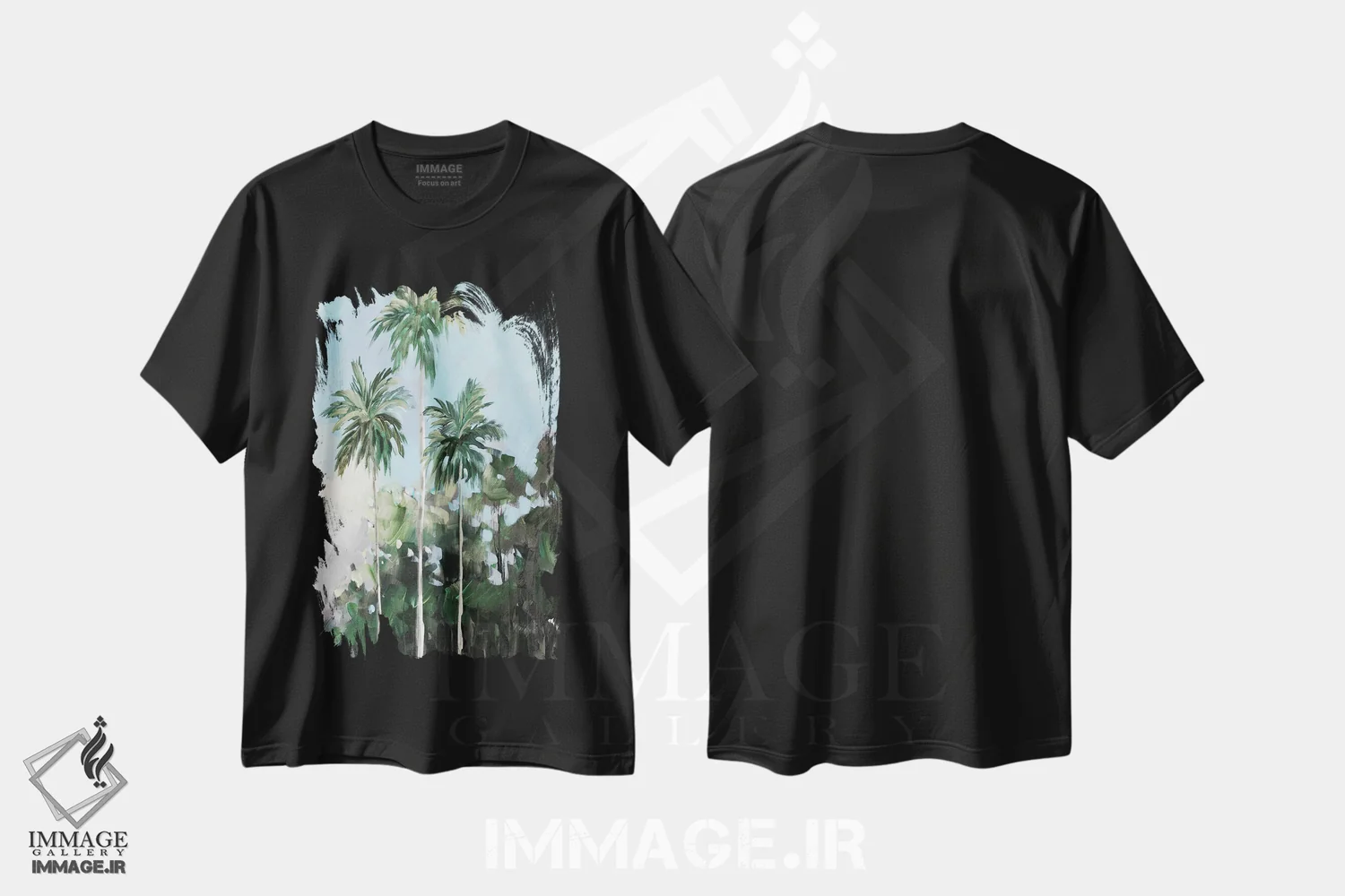 تیشرت مشکی طرح دار نخل ها در ساحل، دکور معاصر اثر جین اسلیوکا | immage.ir