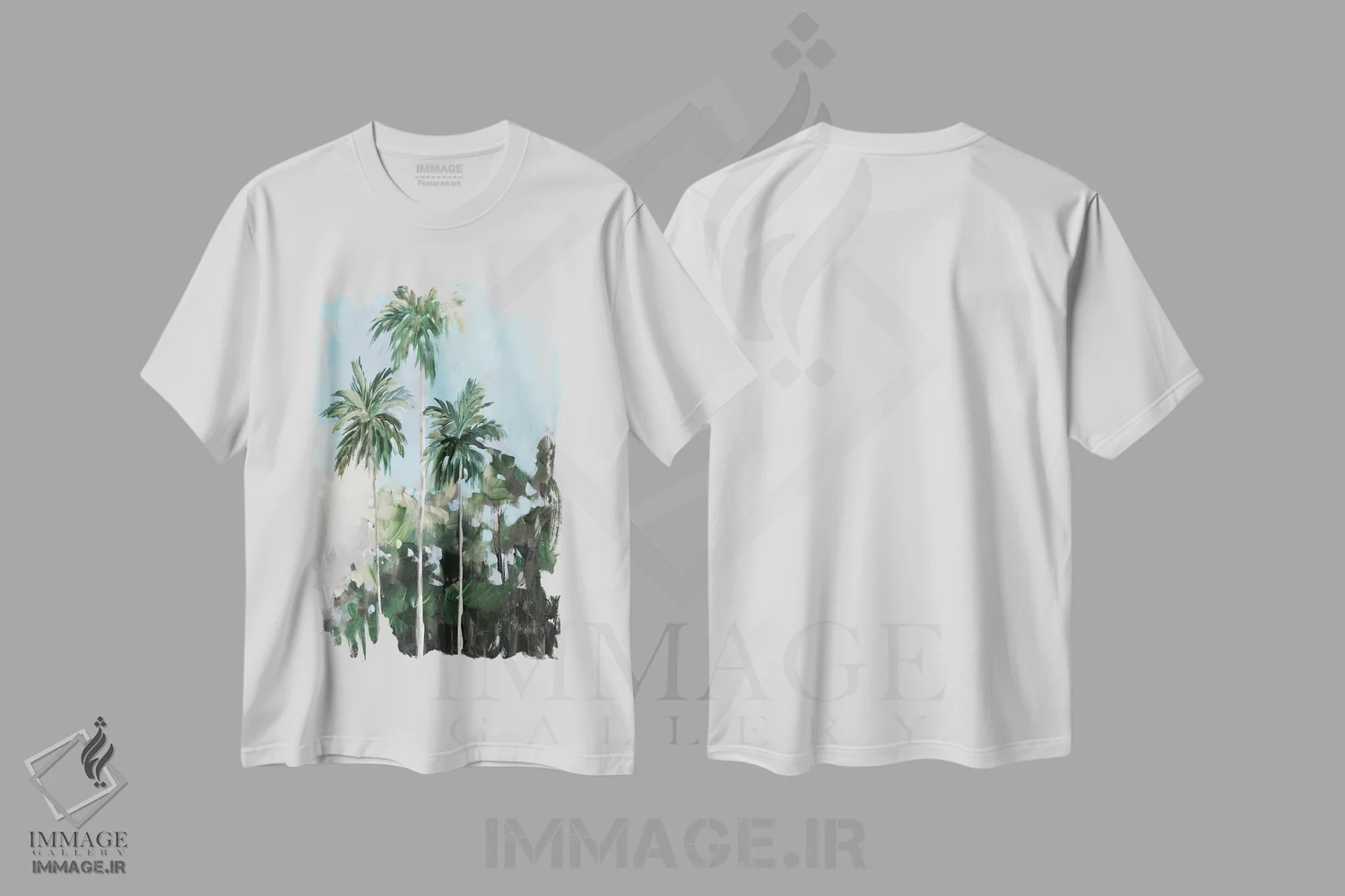 تیشرت سفید طرح دار نخل ها در ساحل، دکور معاصر اثر جین اسلیوکا | فروشگاه ایماژ