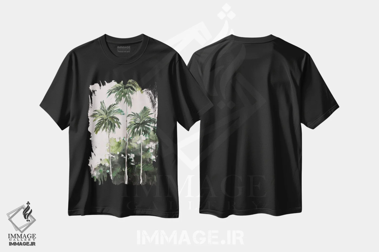 تیشرت مشکی طرح دار نخل ها زیر آسمان صورتی، دکور معاصر اثر جین اسلیوکا | فروشگاه ایماژ