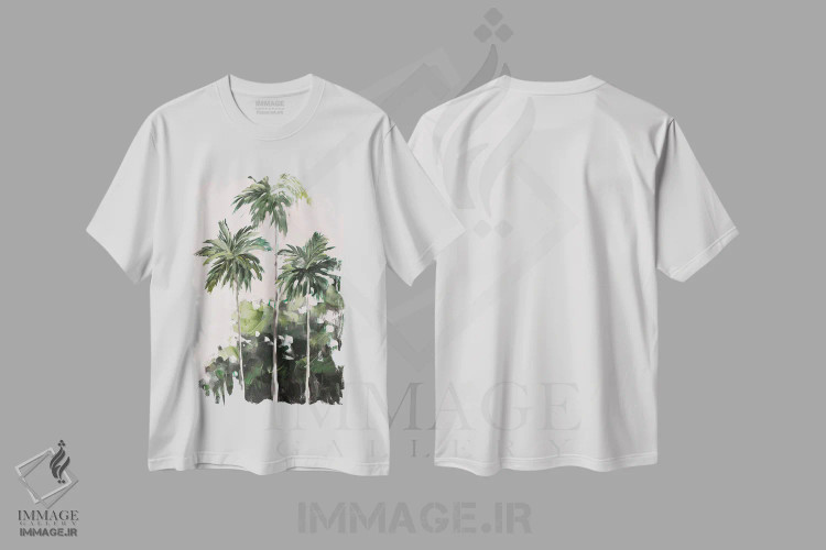 تیشرت سفید طرح دار نخل ها زیر آسمان صورتی، دکور معاصر اثر جین اسلیوکا | immage.ir