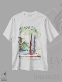 تیشرت سفید طرح دار پهلو گرفته کنار نخل ها، دکور معاصر اثر جین اسلیوکا | immage.ir