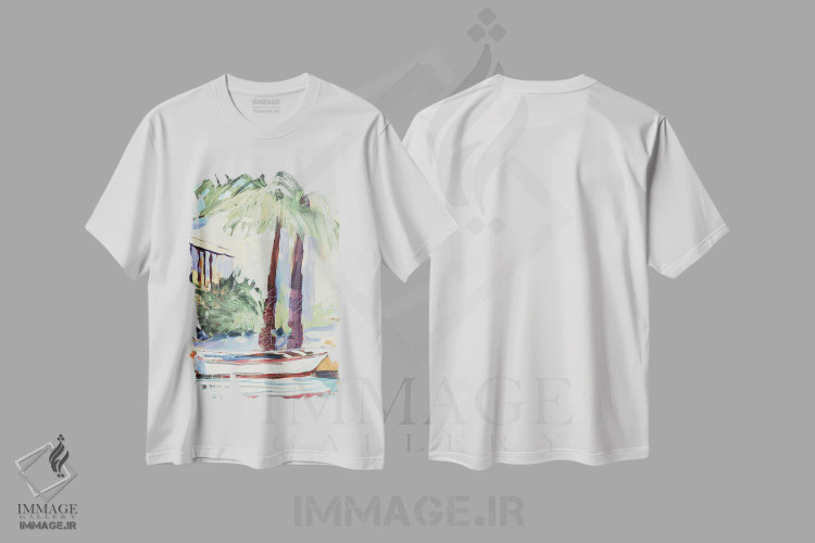 تیشرت سفید طرح دار پهلو گرفته کنار نخل ها، دکور معاصر اثر جین اسلیوکا | immage.ir