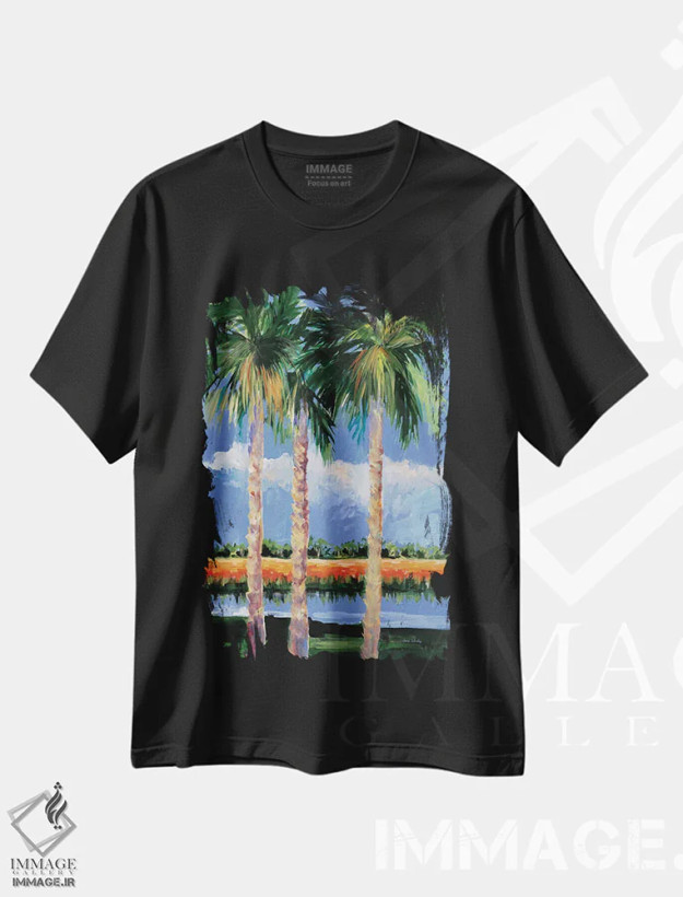 تیشرت مشکی طرح دار ساحل نخل ها، دکور معاصر اثر جین اسلیوکا | فروشگاه ایماژ