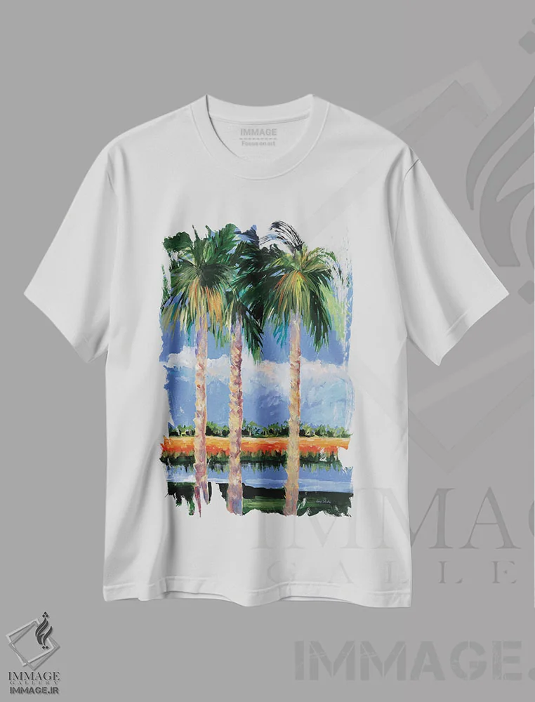 تیشرت سفید طرح دار ساحل نخل ها، دکور معاصر اثر جین اسلیوکا | immage.ir