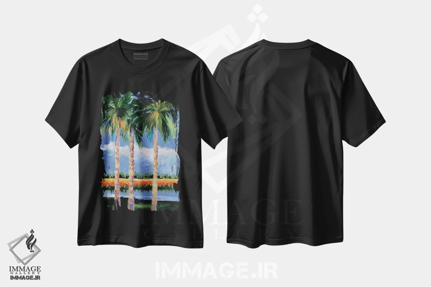 تیشرت مشکی طرح دار ساحل نخل ها، دکور معاصر اثر جین اسلیوکا | فروشگاه ایماژ